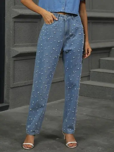 'Dani' Pearl Detail Straight Jeans - Celes Fashion